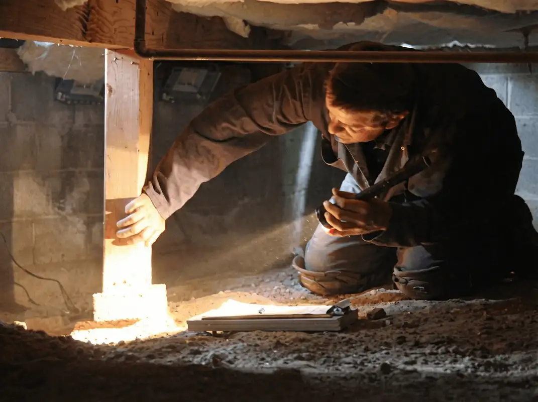 A professional inspecting wooden beams under the floor of a structure in Yonkers, NY