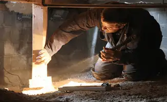 A professional inspecting wooden beams under the floor of a structure in Yonkers, NY